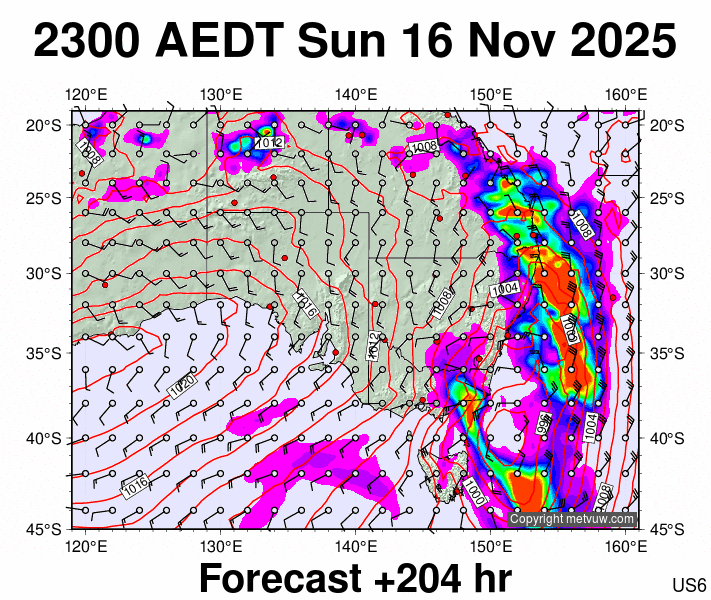 South East Australia forecast chart for Sunday, November 16th, 2025 at 12:00 PM