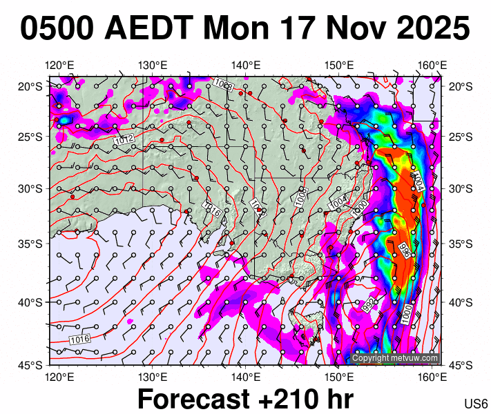 South East Australia forecast chart for Sunday, November 16th, 2025 at 6:00 PM