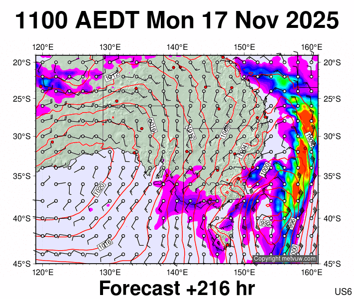 South East Australia forecast chart for Monday, November 17th, 2025 at 12:00 AM