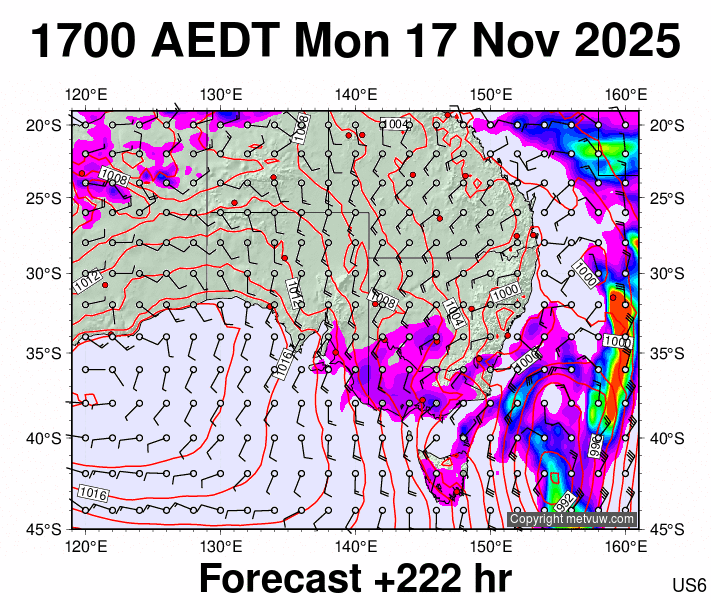 South East Australia forecast chart for Monday, November 17th, 2025 at 6:00 AM