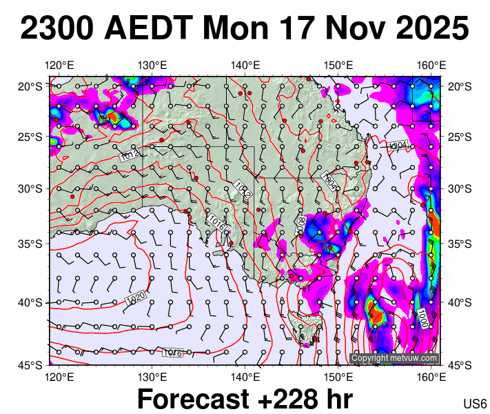South East Australia forecast chart for Monday, November 17th, 2025 at 12:00 PM
