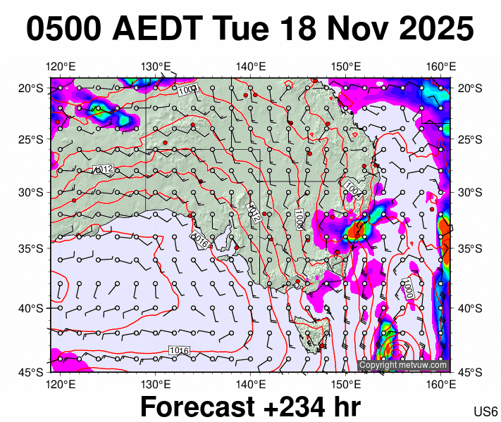 South East Australia forecast chart for Monday, November 17th, 2025 at 6:00 PM