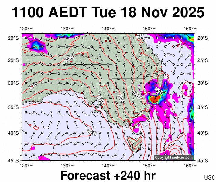 South East Australia forecast chart for Tuesday, November 18th, 2025 at 12:00 AM