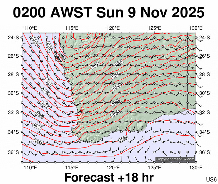 Perth forecast chart for Saturday, November 8th, 2025 at 6:00 PM