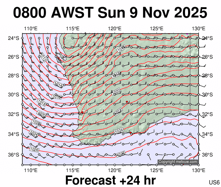 Perth forecast chart for Sunday, November 9th, 2025 at 12:00 AM
