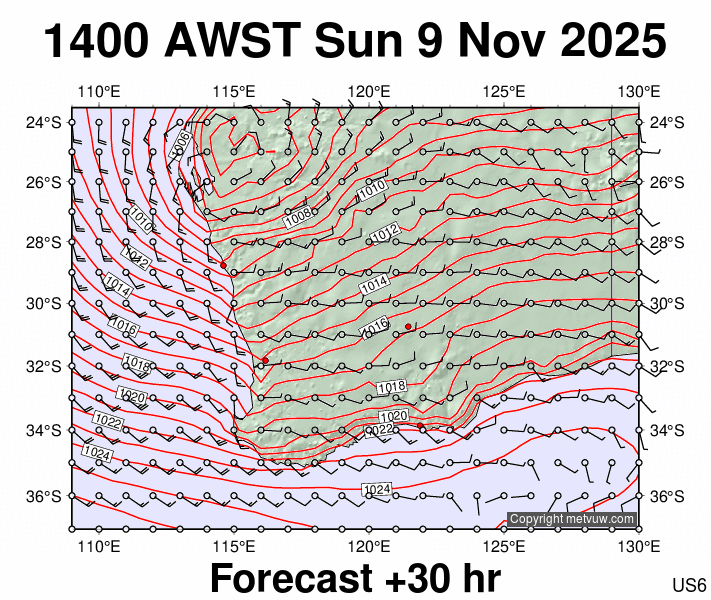 Perth forecast chart for Sunday, November 9th, 2025 at 6:00 AM