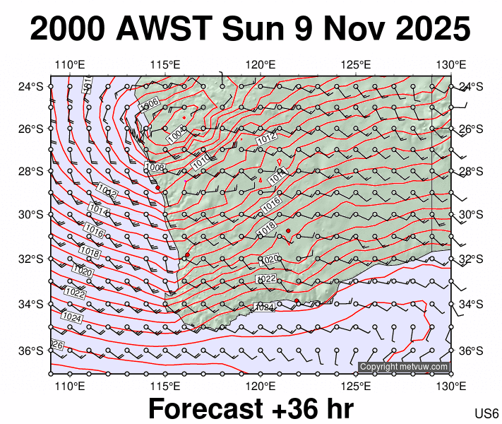 Perth forecast chart for Sunday, November 9th, 2025 at 12:00 PM