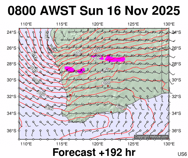 Perth forecast chart for Sunday, November 16th, 2025 at 12:00 AM