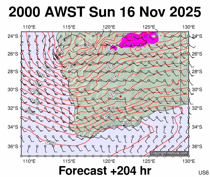 Perth forecast chart for Sunday, November 16th, 2025 at 12:00 PM