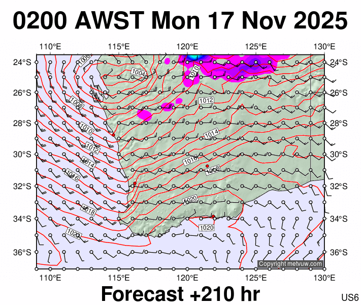 Perth forecast chart for Sunday, November 16th, 2025 at 6:00 PM