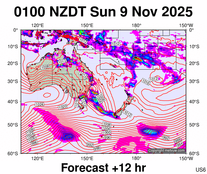 South West Pacific forecast chart for Saturday, November 8th, 2025 at 12:00 PM