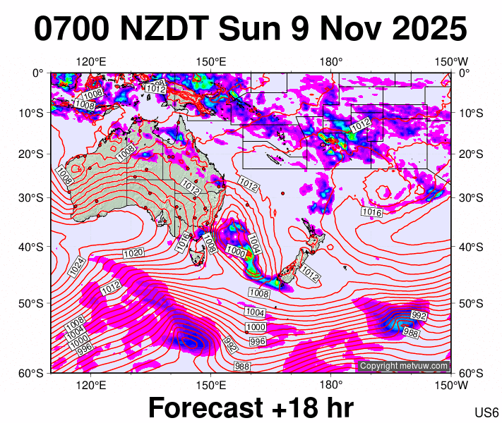South West Pacific forecast chart for Saturday, November 8th, 2025 at 6:00 PM
