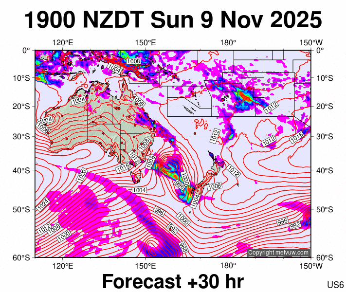 South West Pacific forecast chart for Sunday, November 9th, 2025 at 6:00 AM