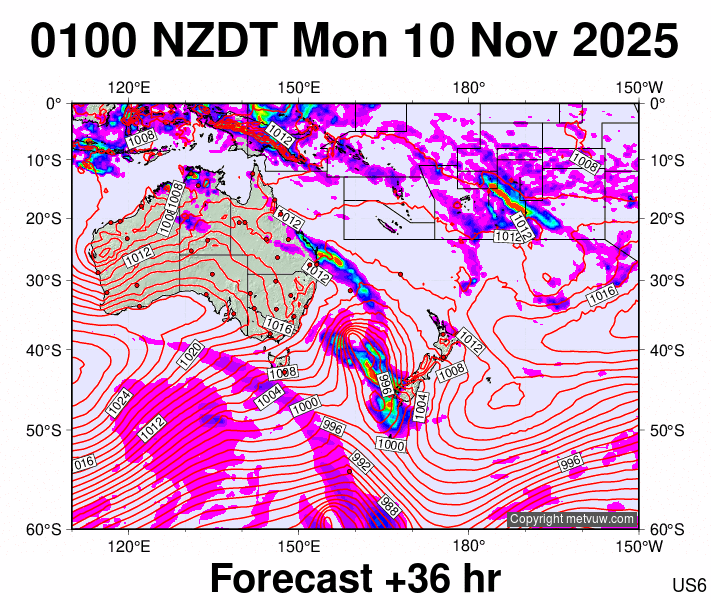 South West Pacific forecast chart for Sunday, November 9th, 2025 at 12:00 PM