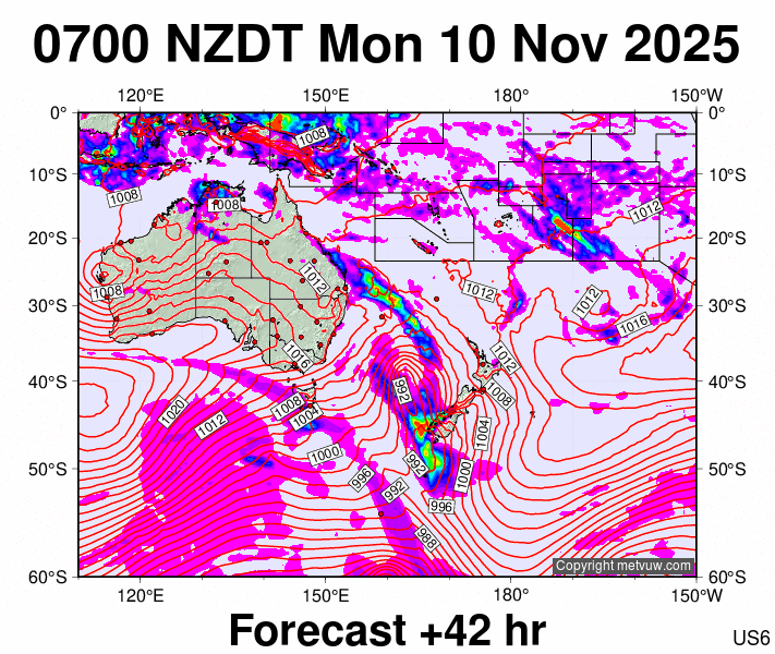South West Pacific forecast chart for Sunday, November 9th, 2025 at 6:00 PM