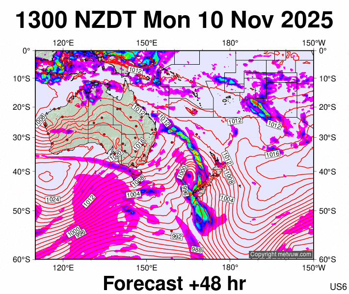 South West Pacific forecast chart for Monday, November 10th, 2025 at 12:00 AM