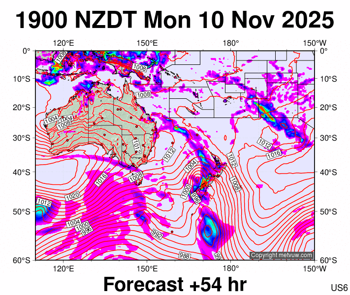 South West Pacific forecast chart for Monday, November 10th, 2025 at 6:00 AM