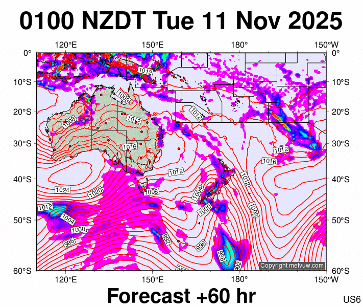 South West Pacific forecast chart for Monday, November 10th, 2025 at 12:00 PM