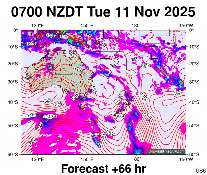 South West Pacific forecast chart for Monday, November 10th, 2025 at 6:00 PM
