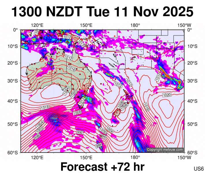 South West Pacific forecast chart for Tuesday, November 11th, 2025 at 12:00 AM