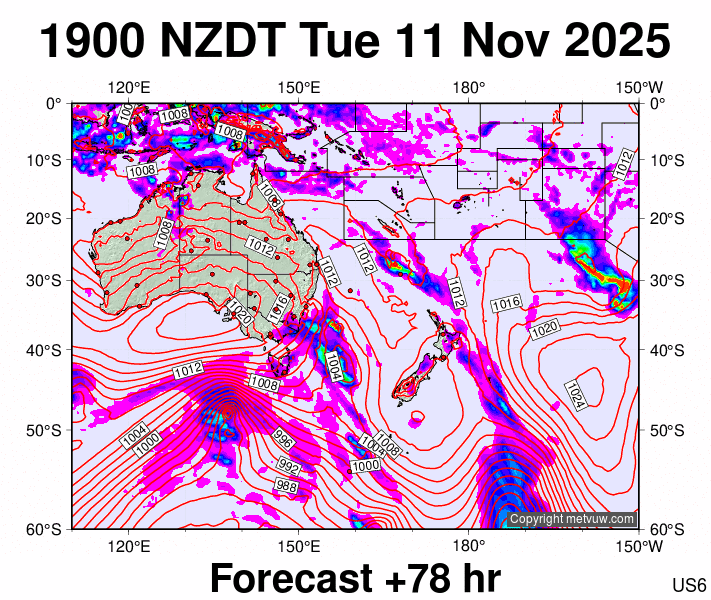 South West Pacific forecast chart for Tuesday, November 11th, 2025 at 6:00 AM