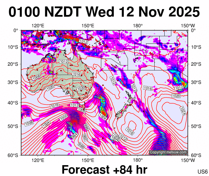 South West Pacific forecast chart for Tuesday, November 11th, 2025 at 12:00 PM