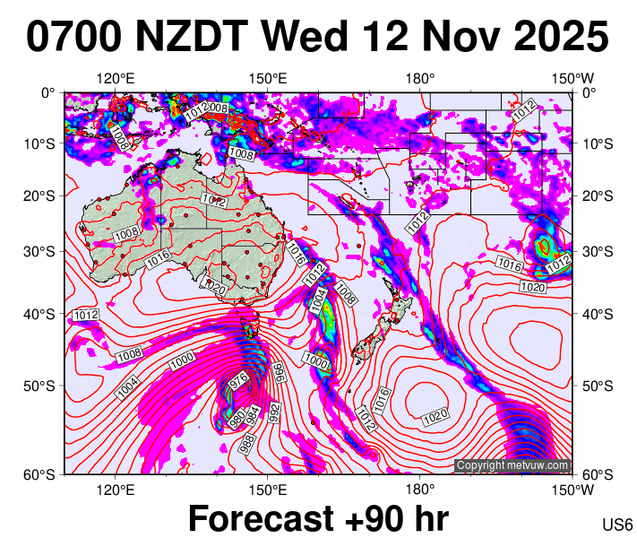 South West Pacific forecast chart for Tuesday, November 11th, 2025 at 6:00 PM