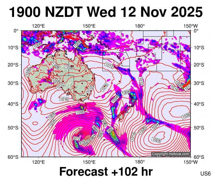 South West Pacific forecast chart for Wednesday, November 12th, 2025 at 6:00 AM