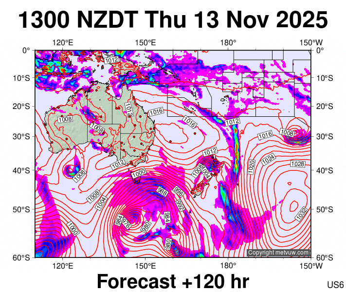 South West Pacific forecast chart for Thursday, November 13th, 2025 at 12:00 AM