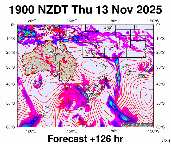 South West Pacific forecast chart for Thursday, November 13th, 2025 at 6:00 AM