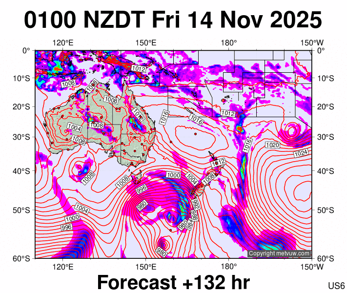South West Pacific forecast chart for Thursday, November 13th, 2025 at 12:00 PM