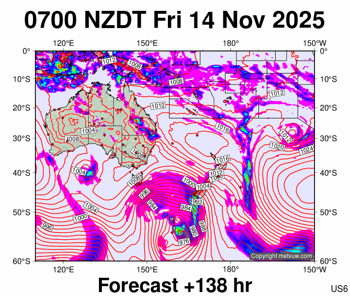 South West Pacific forecast chart for Thursday, November 13th, 2025 at 6:00 PM