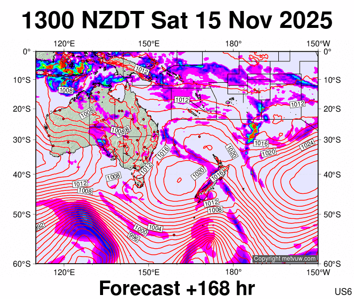 South West Pacific forecast chart for Saturday, November 15th, 2025 at 12:00 AM