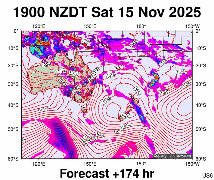 South West Pacific forecast chart for Saturday, November 15th, 2025 at 6:00 AM