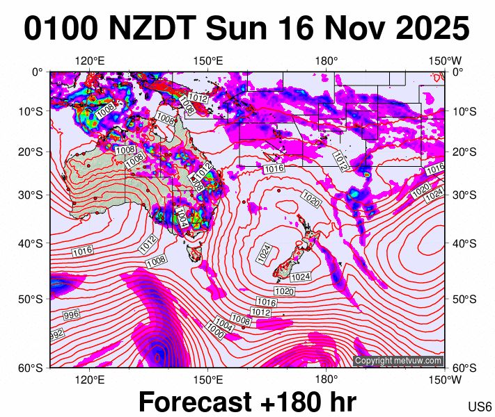 South West Pacific forecast chart for Saturday, November 15th, 2025 at 12:00 PM