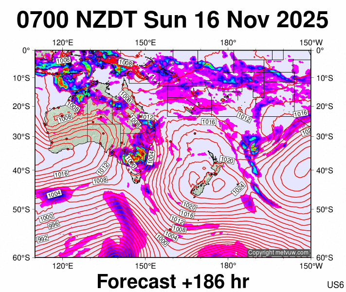 South West Pacific forecast chart for Saturday, November 15th, 2025 at 6:00 PM