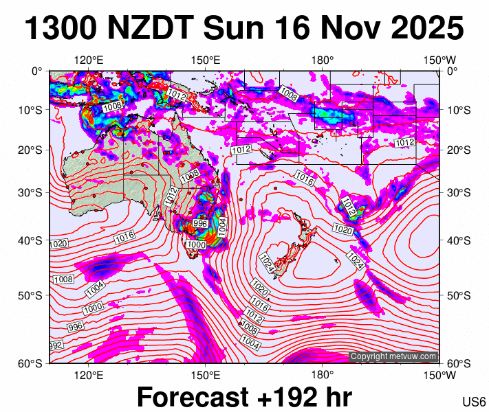 South West Pacific forecast chart for Sunday, November 16th, 2025 at 12:00 AM