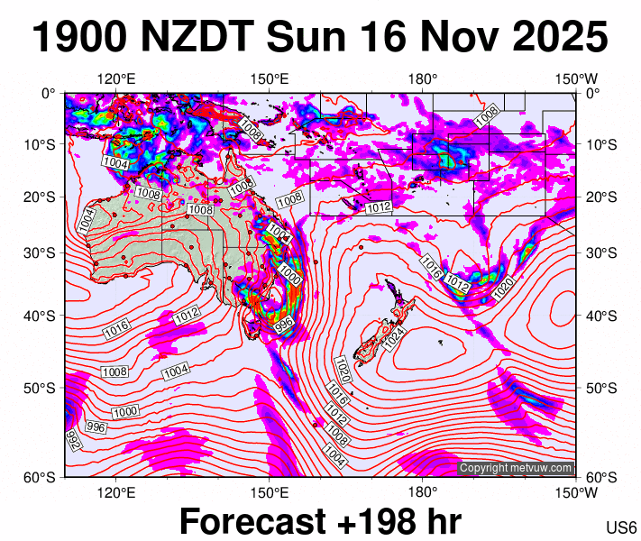 South West Pacific forecast chart for Sunday, November 16th, 2025 at 6:00 AM