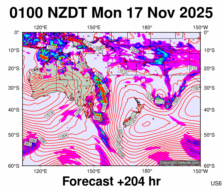 South West Pacific forecast chart for Sunday, November 16th, 2025 at 12:00 PM