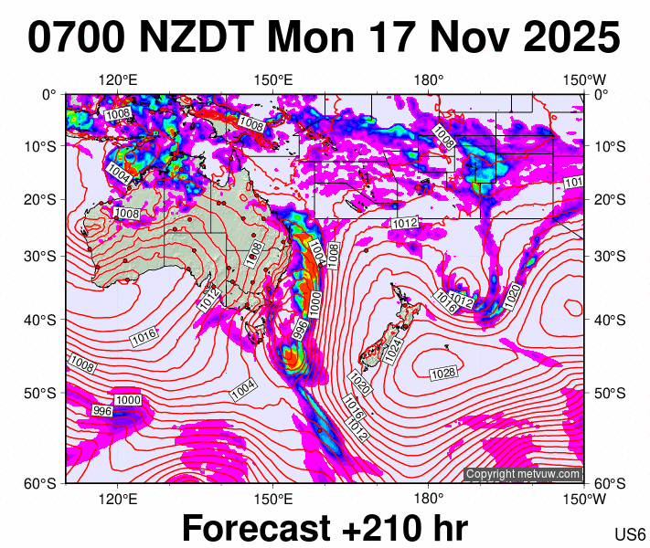 South West Pacific forecast chart for Sunday, November 16th, 2025 at 6:00 PM