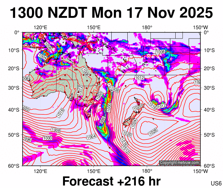 South West Pacific forecast chart for Monday, November 17th, 2025 at 12:00 AM