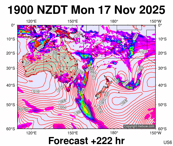 South West Pacific forecast chart for Monday, November 17th, 2025 at 6:00 AM