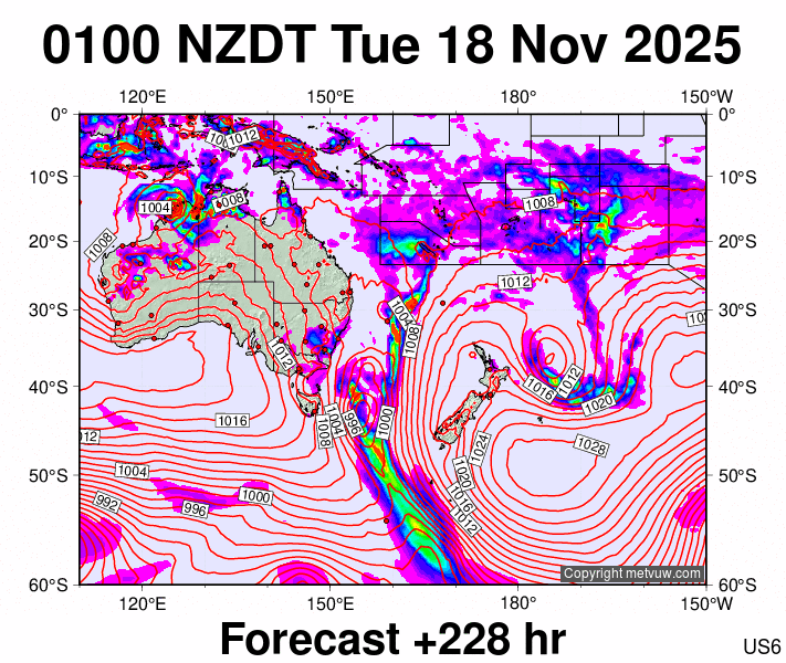 South West Pacific forecast chart for Monday, November 17th, 2025 at 12:00 PM