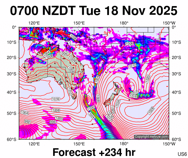 South West Pacific forecast chart for Monday, November 17th, 2025 at 6:00 PM