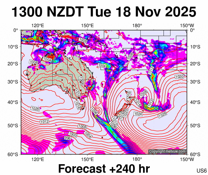 South West Pacific forecast chart for Tuesday, November 18th, 2025 at 12:00 AM