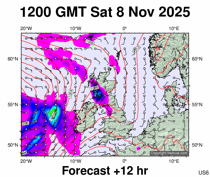 United Kingdom forecast chart for Saturday, November 8th, 2025 at 12:00 PM