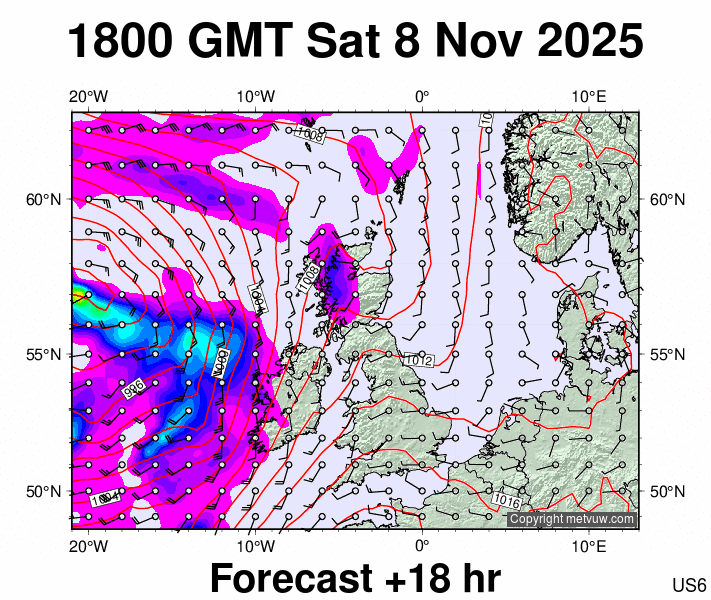 United Kingdom forecast chart for Saturday, November 8th, 2025 at 6:00 PM