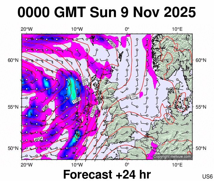 United Kingdom forecast chart for Sunday, November 9th, 2025 at 12:00 AM