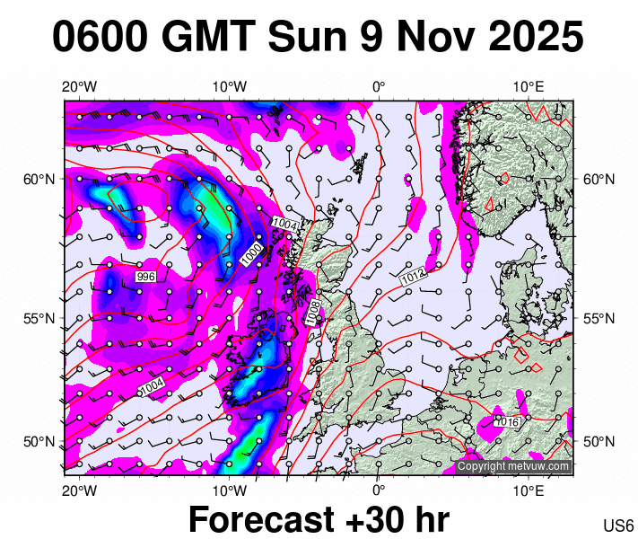 United Kingdom forecast chart for Sunday, November 9th, 2025 at 6:00 AM