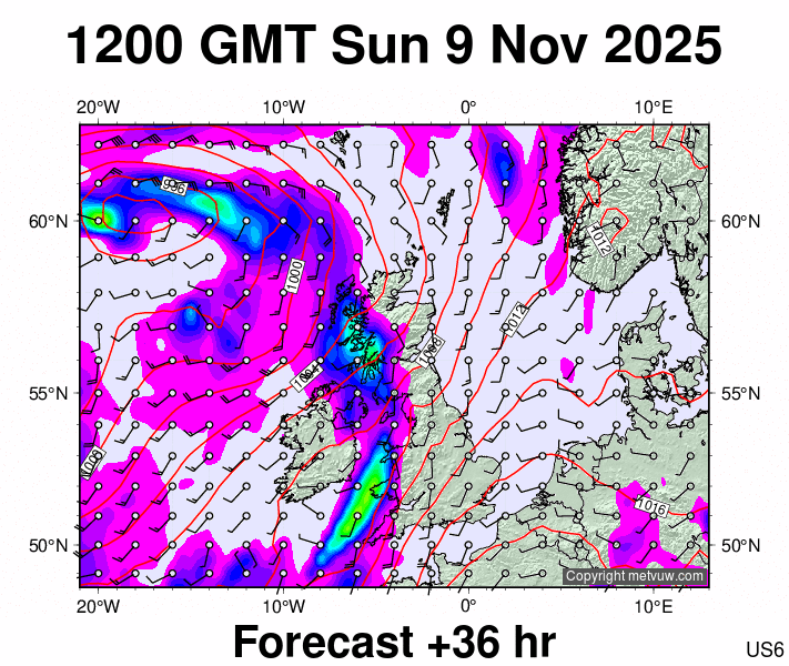 United Kingdom forecast chart for Sunday, November 9th, 2025 at 12:00 PM